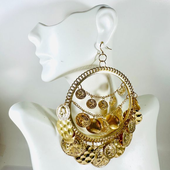 Giant gold Tone Gypsy Hoop earrings covered in gold coin charms - Picture 2 of 6